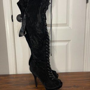 Black Lace Up Thigh High Boots